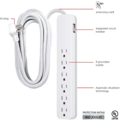 GE 6-Outlet Surge Protector 20ft. Braided Cord, White