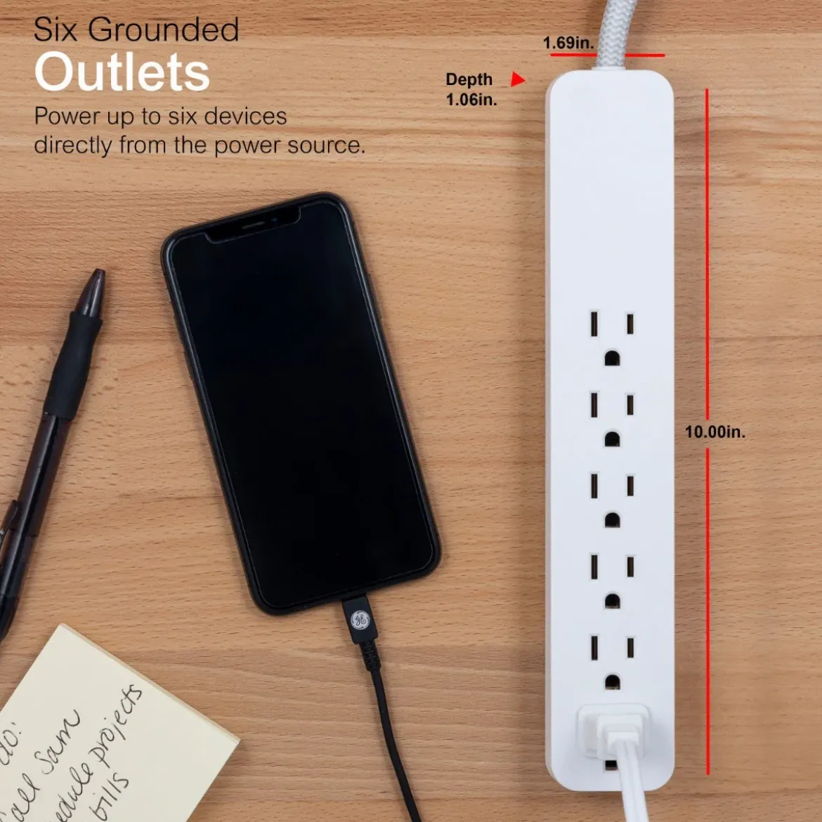 GE 6-Outlet Surge Protector 20ft. Braided Cord, White