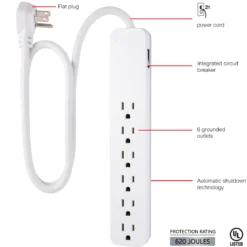 GE 6-Outlet Surge Protector, 620J, 2ft. White, 2pk