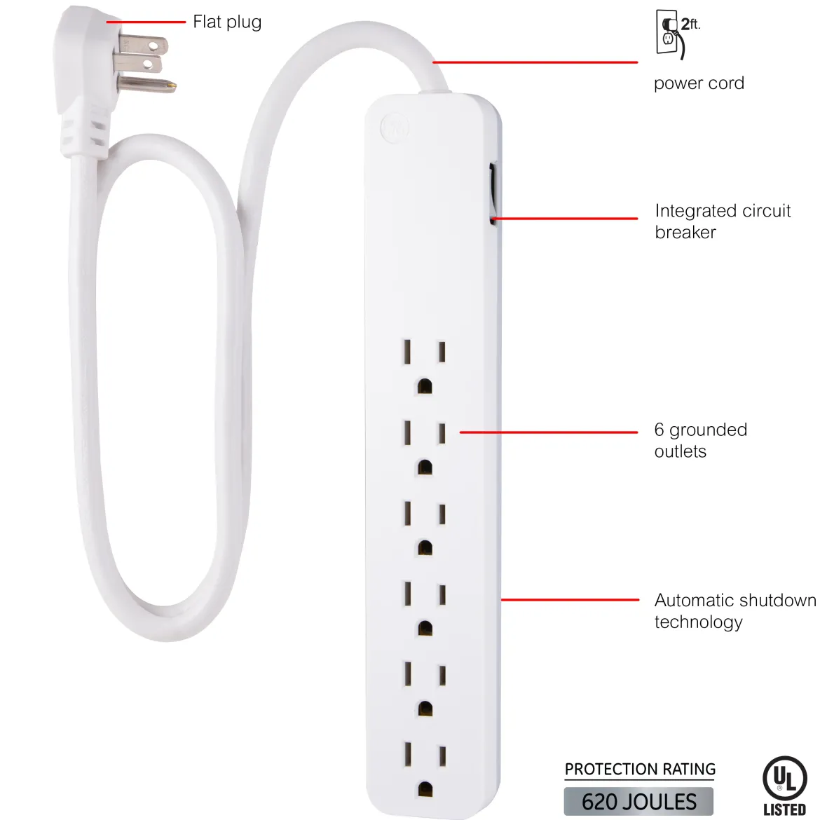 GE 6-Outlet Surge Protector, 620J, 2ft. White, 2pk