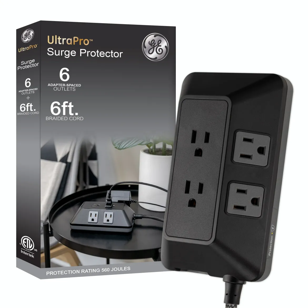 GE 6-Outlet Surge Protector With Adapter-Spaced Outlets, 6ft. Braided Cord, Black