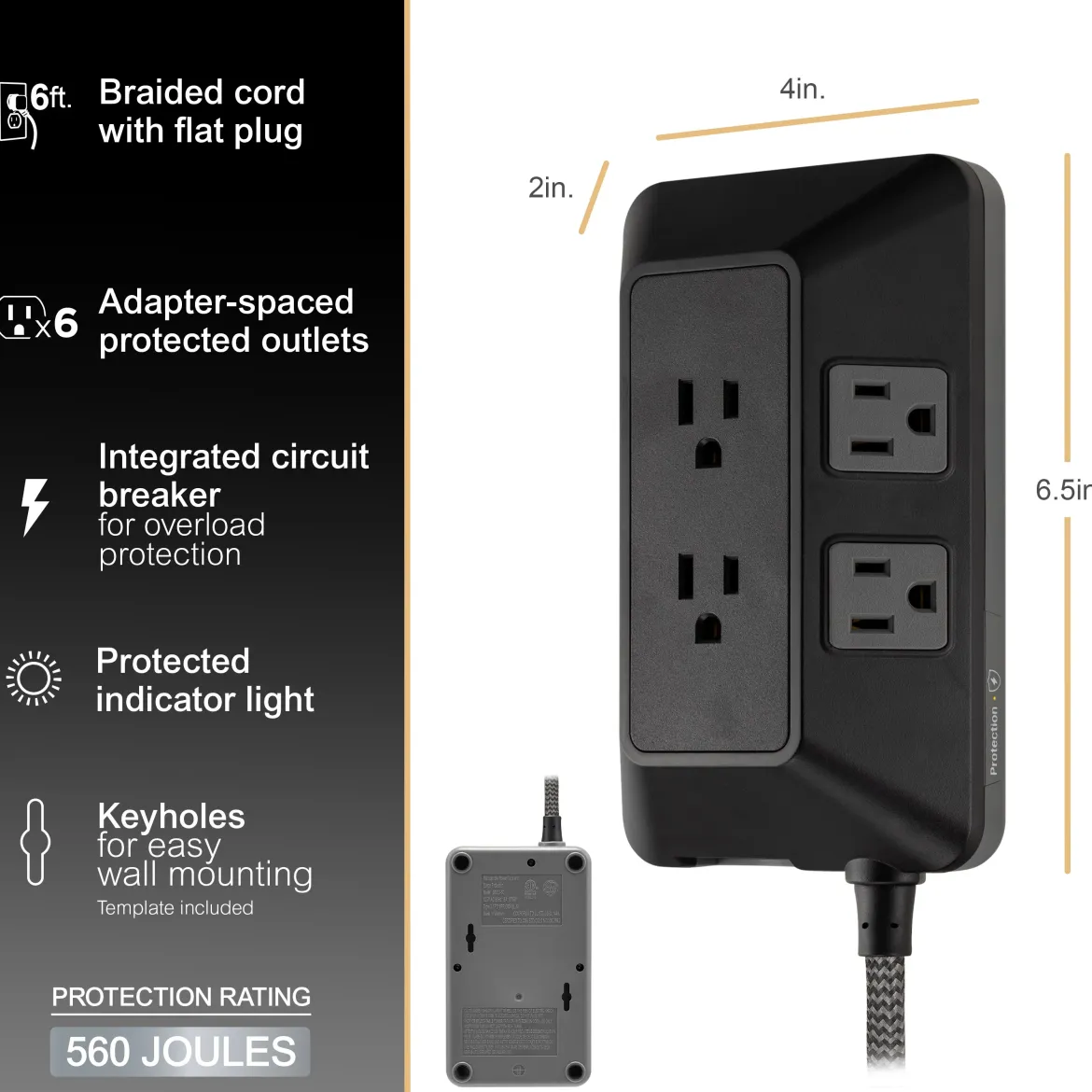 GE 6-Outlet Surge Protector With Adapter-Spaced Outlets, 6ft. Braided Cord, Black