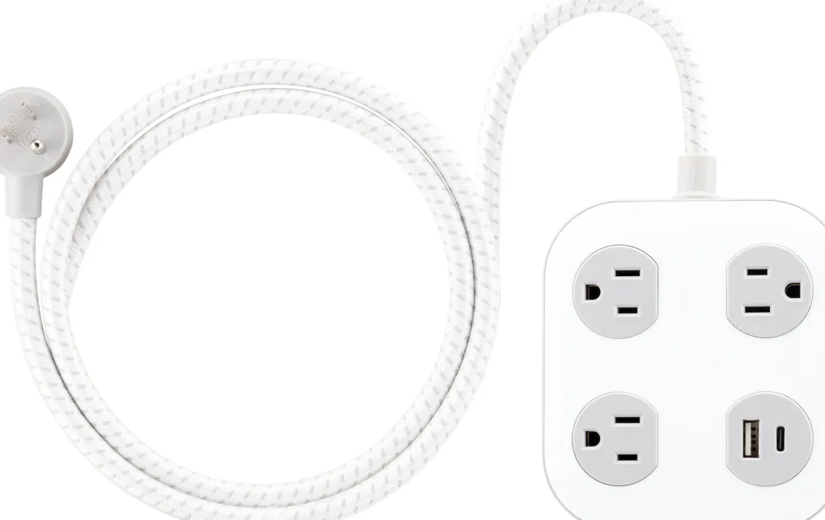 GE 3-Outlet Surge Protector with USB, 245 Joules, 1 USB-A & 1 USB-C Port, 4ft Braided Extension Cord, Flat Plug, White/Gray