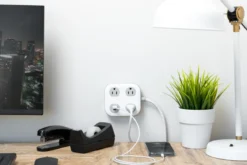 GE 3-Outlet Surge Protector with USB, 245 Joules, 1 USB-A & 1 USB-C Port, 4ft Braided Extension Cord, Flat Plug, White/Gray