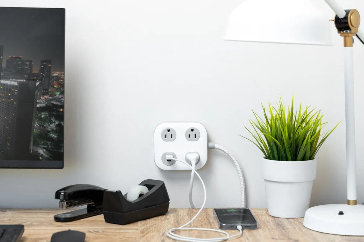 GE 3-Outlet Surge Protector with USB, 245 Joules, 1 USB-A & 1 USB-C Port, 4ft Braided Extension Cord, Flat Plug, White/Gray