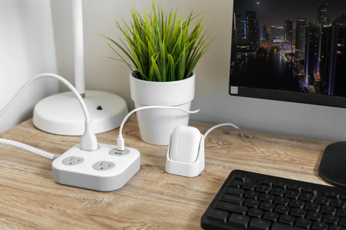 GE 3-Outlet Surge Protector with USB, 245 Joules, 1 USB-A & 1 USB-C Port, 4ft Braided Extension Cord, Flat Plug, White/Gray