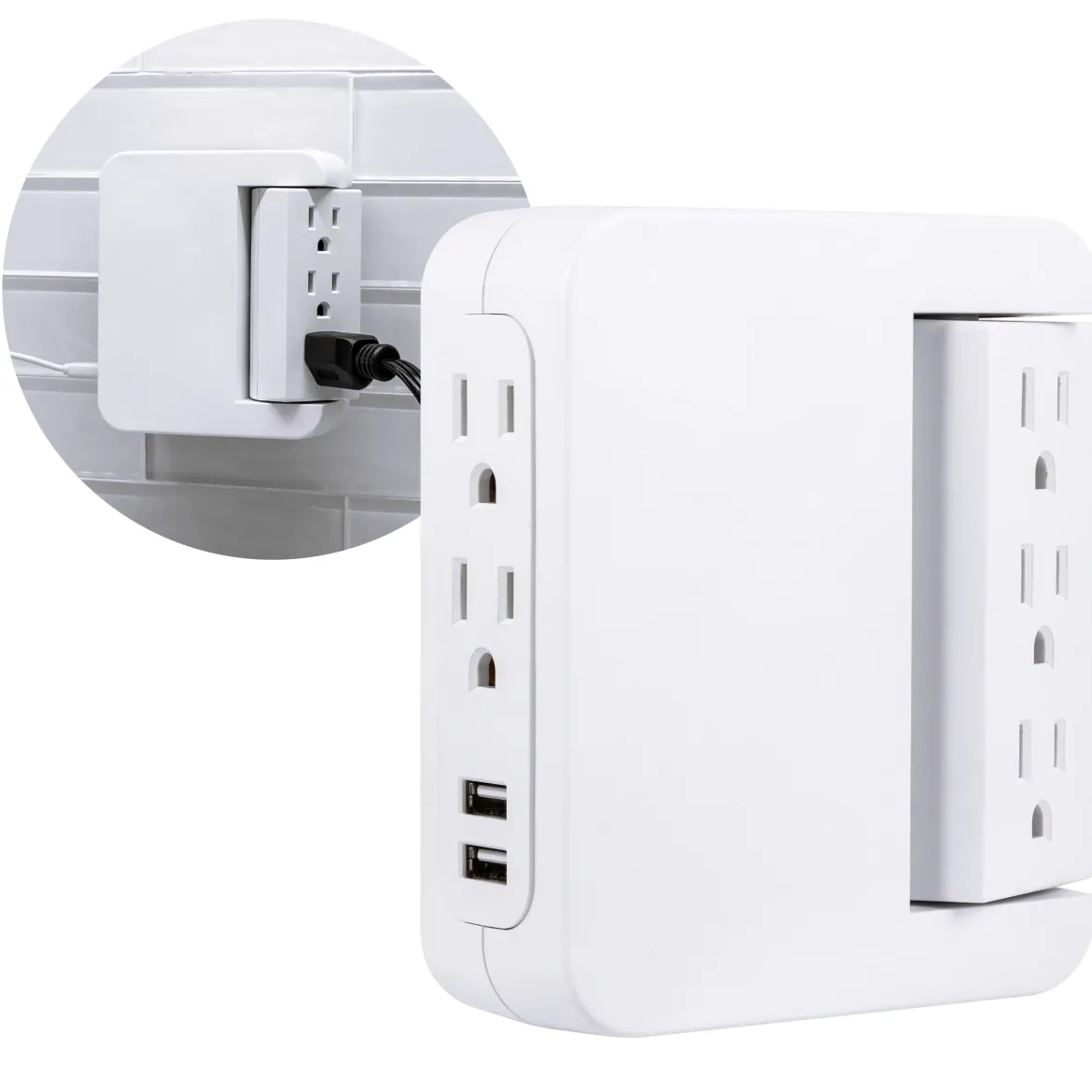 GE 5-Outlet Swivel Surge Tap with USB, 560J, 2 Ports, 2.4A, White, 2 Pack