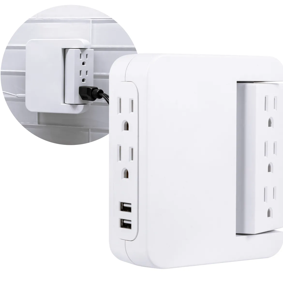 GE 5-Outlet Swivel Surge Tap with USB, 560J, 2 Ports, 2.4A, White, 2 Pack