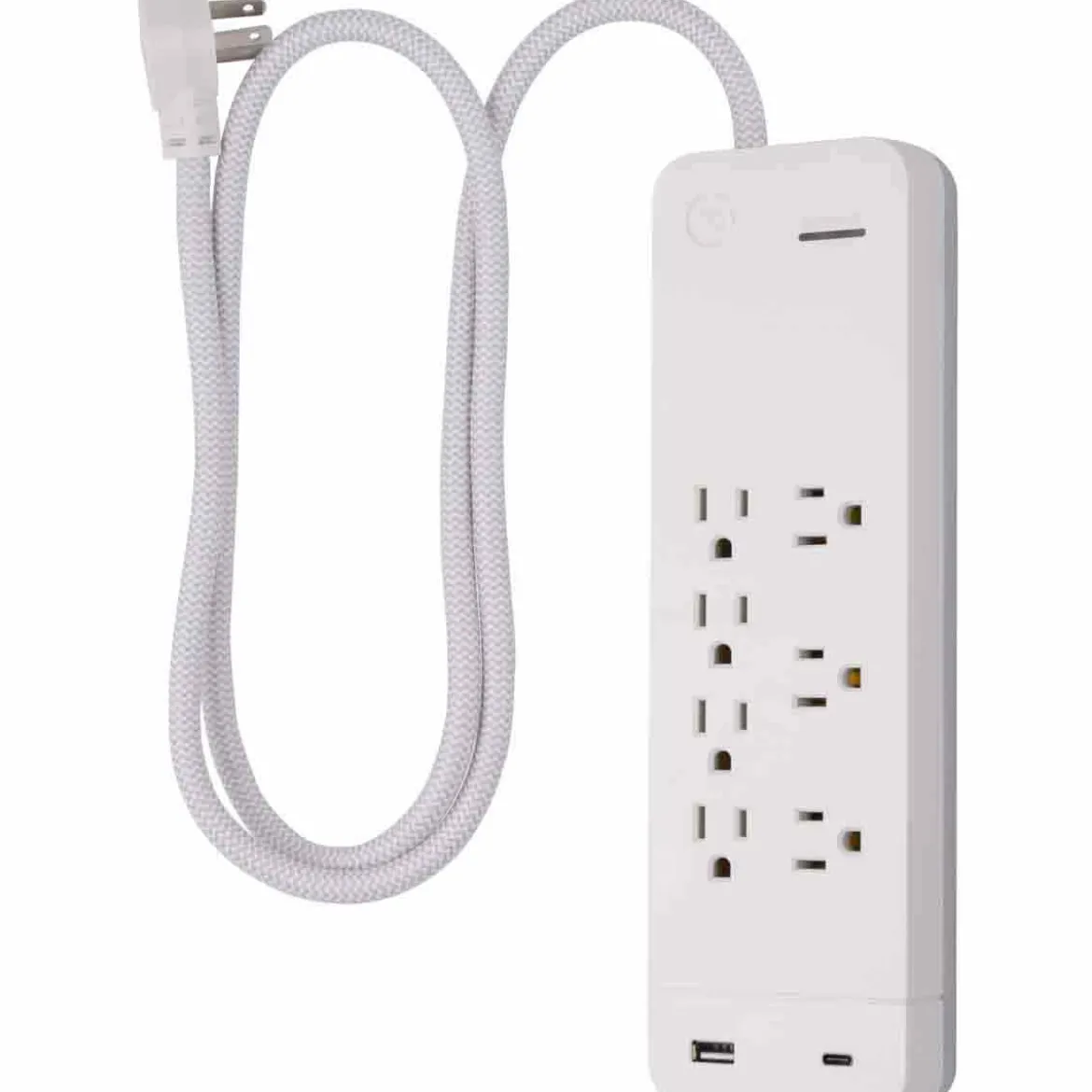 GE 7-Outlet 2-USB 4ft. Surge Protector with USB-C and Braided Cord, White