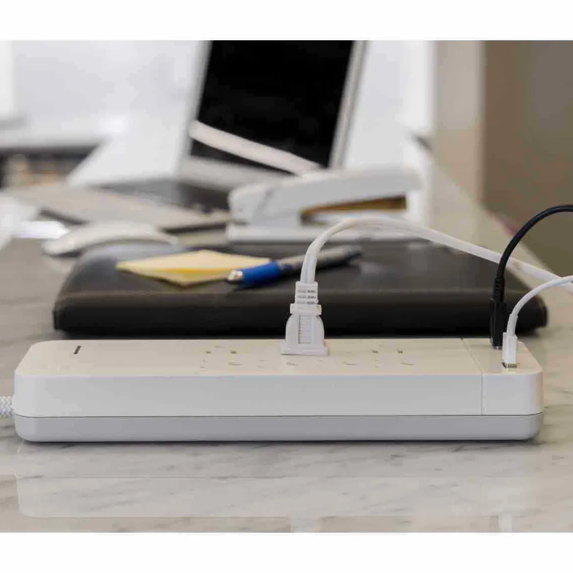 GE 7-Outlet 2-USB 4ft. Surge Protector with USB-C and Braided Cord, White