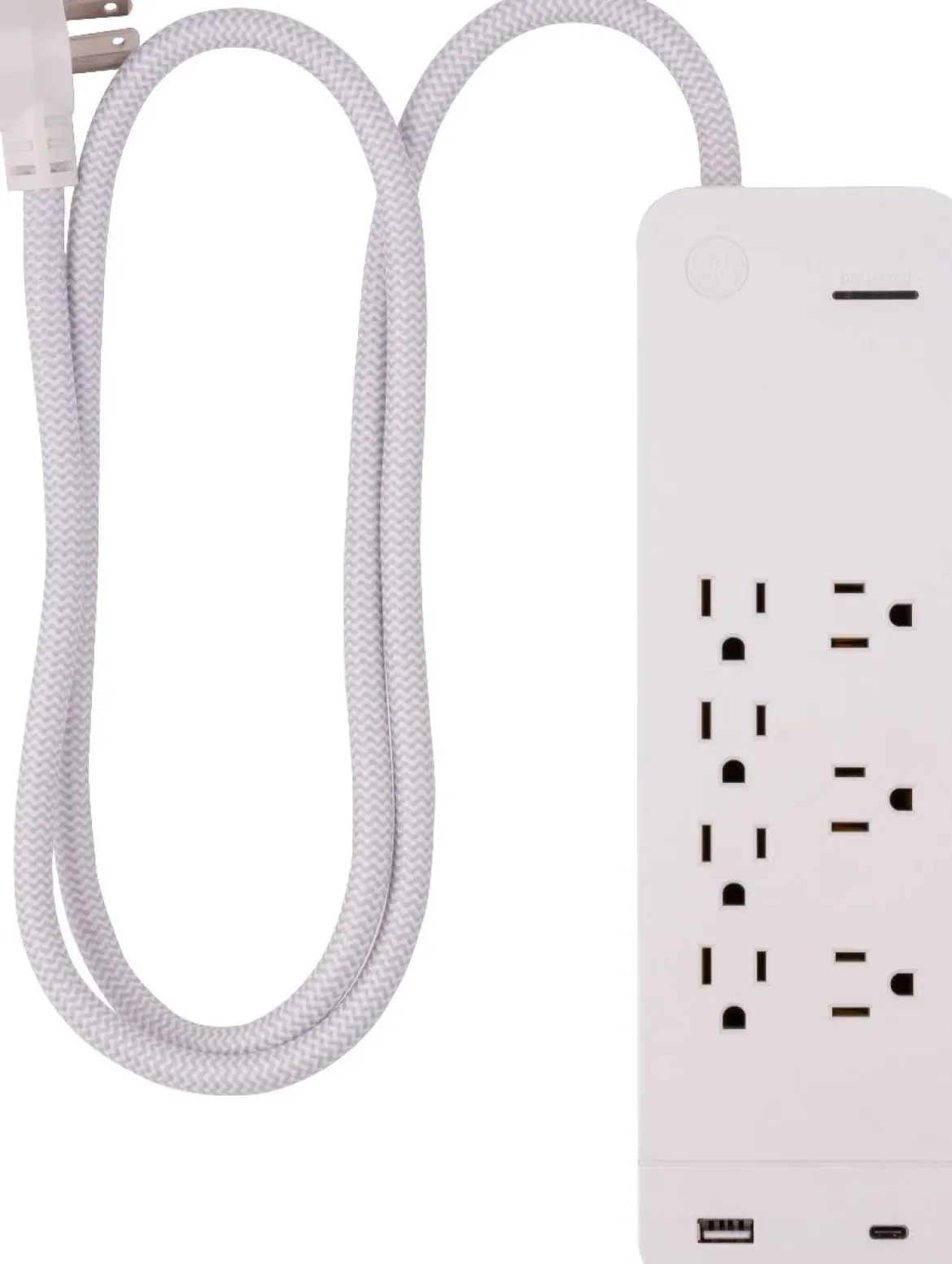 GE 7-Outlet 2-USB 4ft. Surge Protector with USB-C and Braided Cord, White