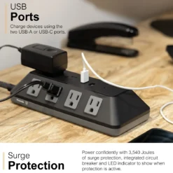 GE 10-Outlet 3-USB 4ft. Surge Protector with Adapter-Spaced Outlets, Black