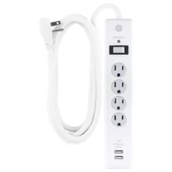 GE 4-Outlet 2-USB 8ft. Surge Protector With Twist-To-Close Safety Covers, White