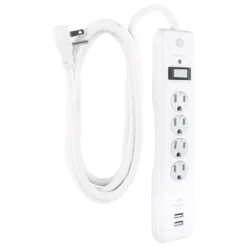 GE 4-Outlet 2-USB 8ft. Surge Protector With Twist-To-Close Safety Covers, White