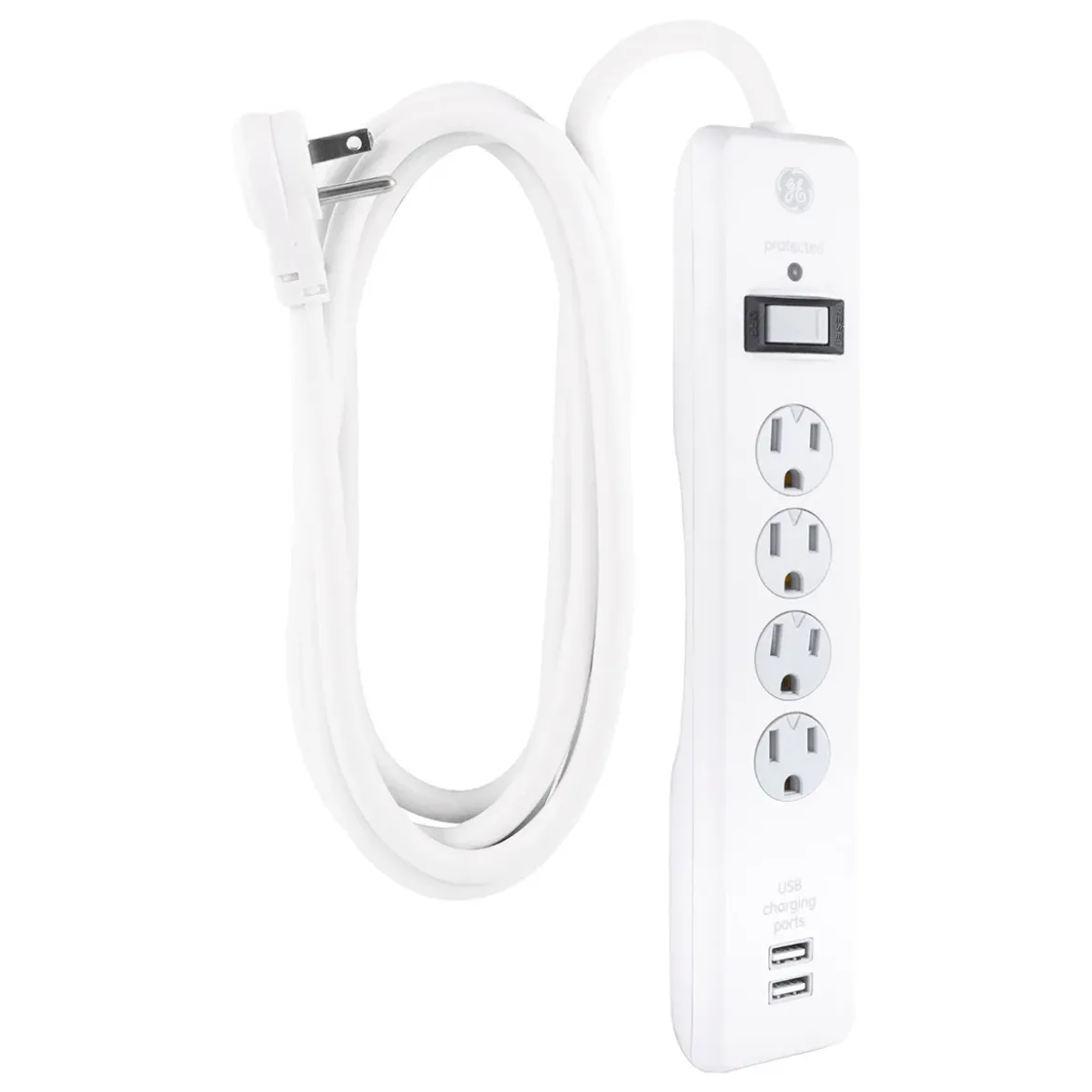 GE 4-Outlet 2-USB 8ft. Surge Protector With Twist-To-Close Safety Covers, White