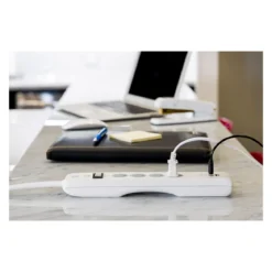 GE 4-Outlet 2-USB 8ft. Surge Protector With Twist-To-Close Safety Covers, White