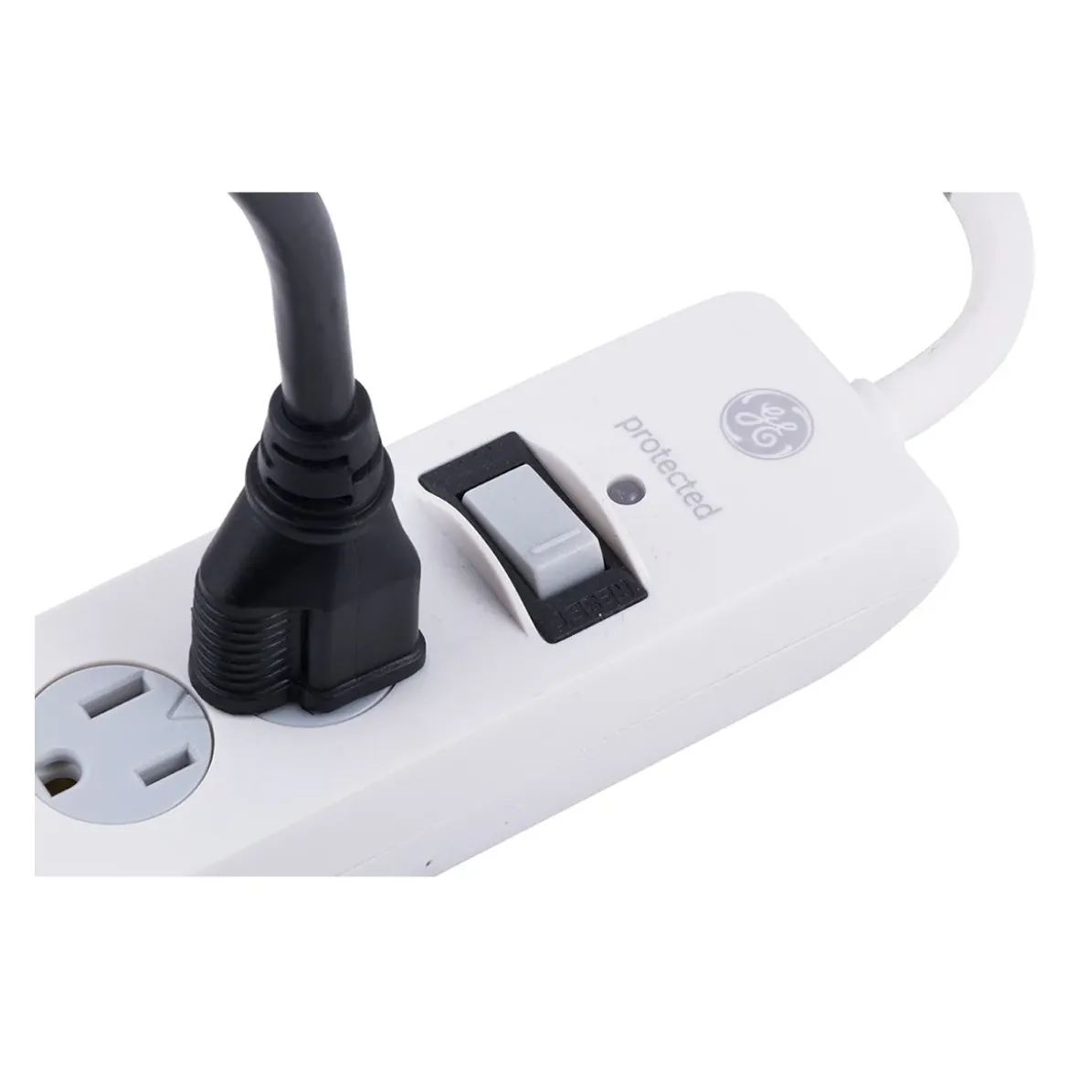 GE 4-Outlet 2-USB 8ft. Surge Protector With Twist-To-Close Safety Covers, White