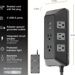 GE 8-Outlet 2-USB 3ft. Surge Protector with Adapter-Spaced Outlets, Black