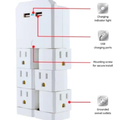GE 6-Outlet 2-USB Wall Tap with Surge Protection and Swivel Outlets, White