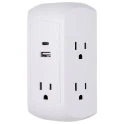 GE 5-Outlet 2-USB Wall Tap with Surge Protection and USB-C, White