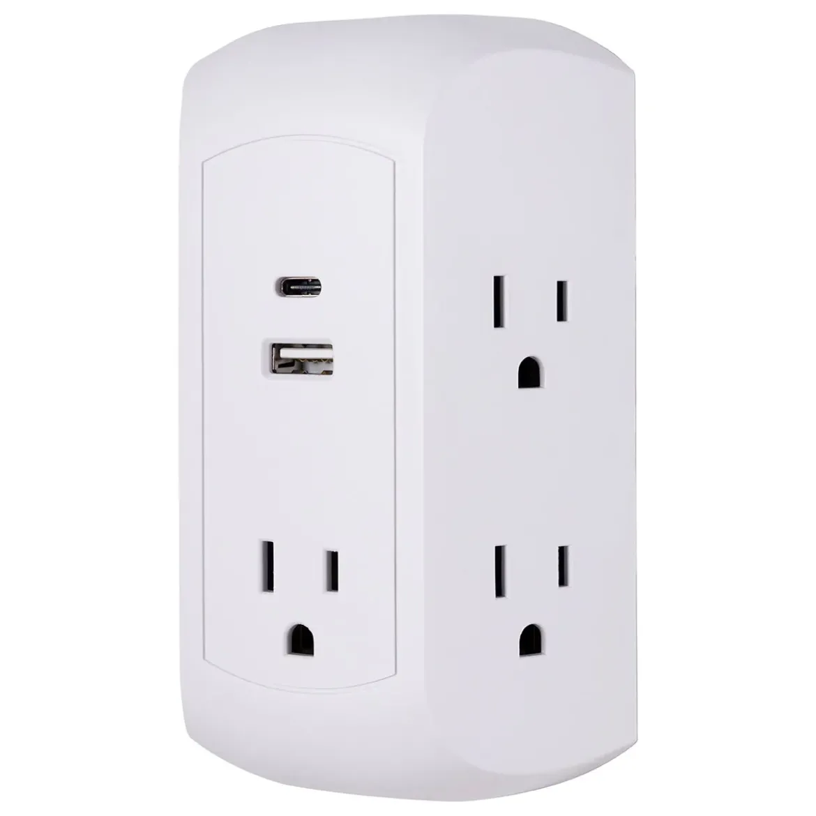GE 5-Outlet 2-USB Wall Tap with Surge Protection and USB-C, White