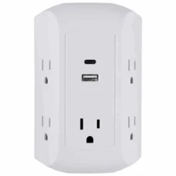 GE 5-Outlet 2-USB Wall Tap with Surge Protection and USB-C, White