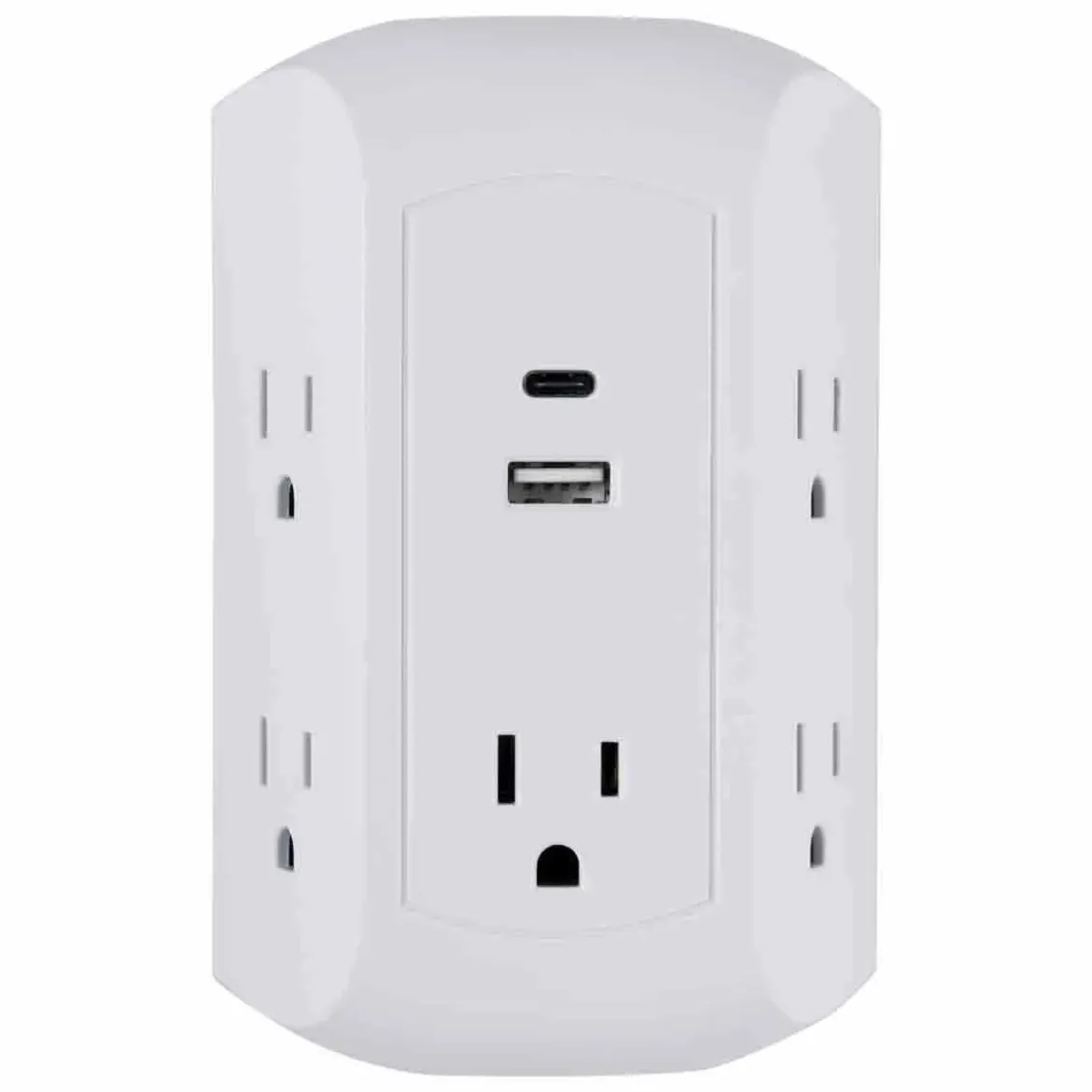 GE 5-Outlet 2-USB Wall Tap with Surge Protection and USB-C, White