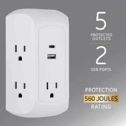GE 5-Outlet 2-USB Wall Tap with Surge Protection and USB-C, White