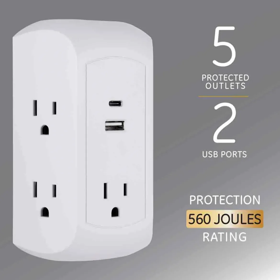 GE 5-Outlet 2-USB Wall Tap with Surge Protection and USB-C, White