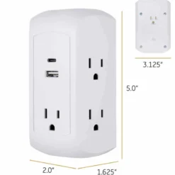 GE 5-Outlet 2-USB Wall Tap with Surge Protection and USB-C, White