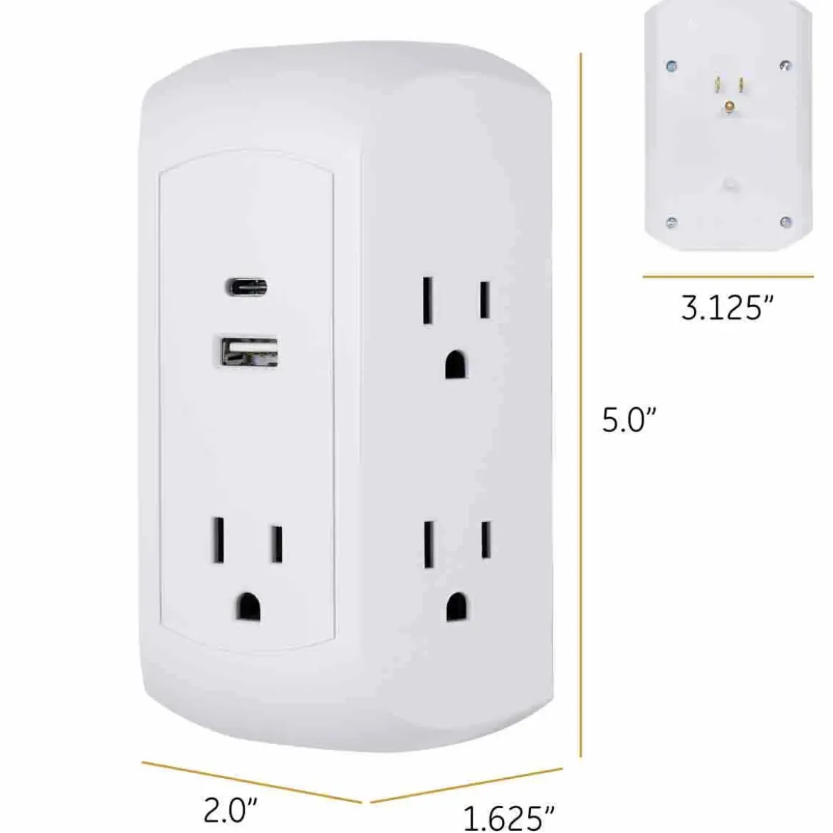 GE 5-Outlet 2-USB Wall Tap with Surge Protection and USB-C, White