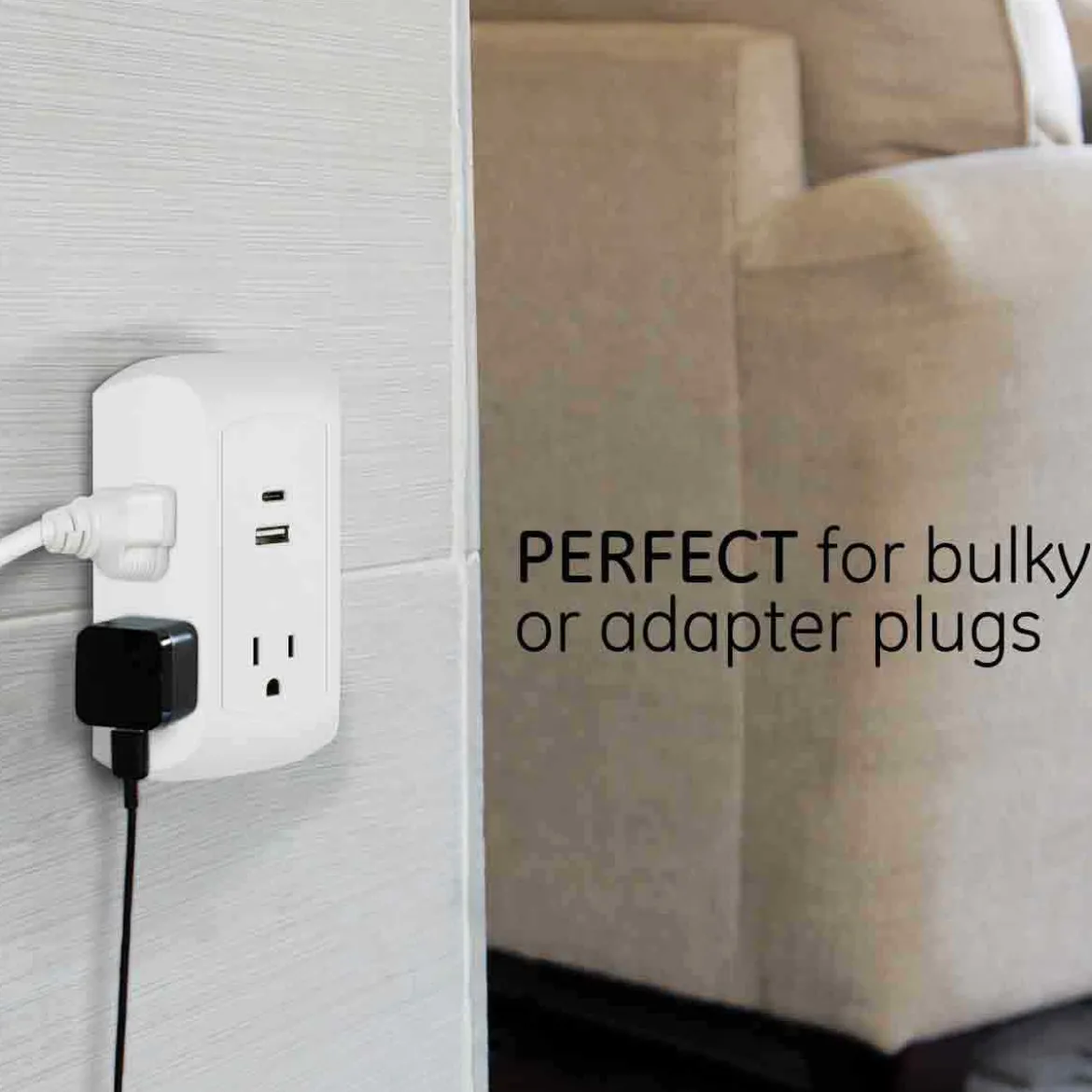 GE 5-Outlet 2-USB Wall Tap with Surge Protection and USB-C, White
