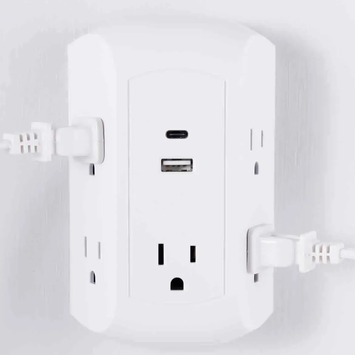GE 5-Outlet 2-USB Wall Tap with Surge Protection and USB-C, White