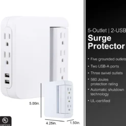 GE 5-Outlet 2-USB Wall Tap with Surge Protection and Swivel Outlets, White