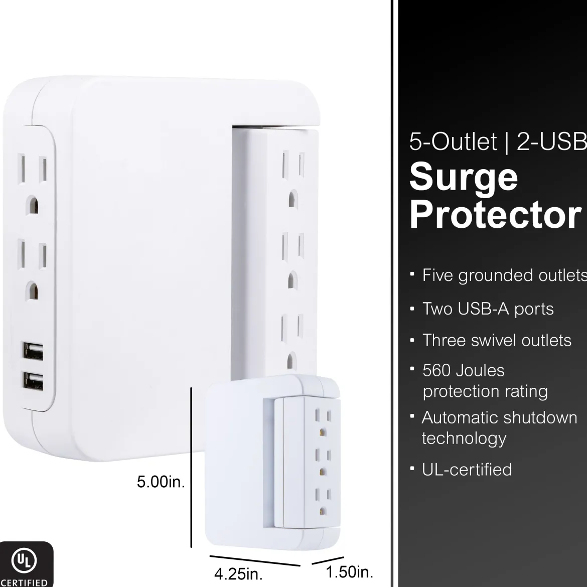GE 5-Outlet 2-USB Wall Tap with Surge Protection and Swivel Outlets, White