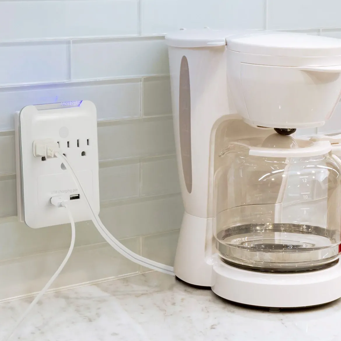 GE 3-Outlet 2-USB Wall Tap with Surge Protection, White