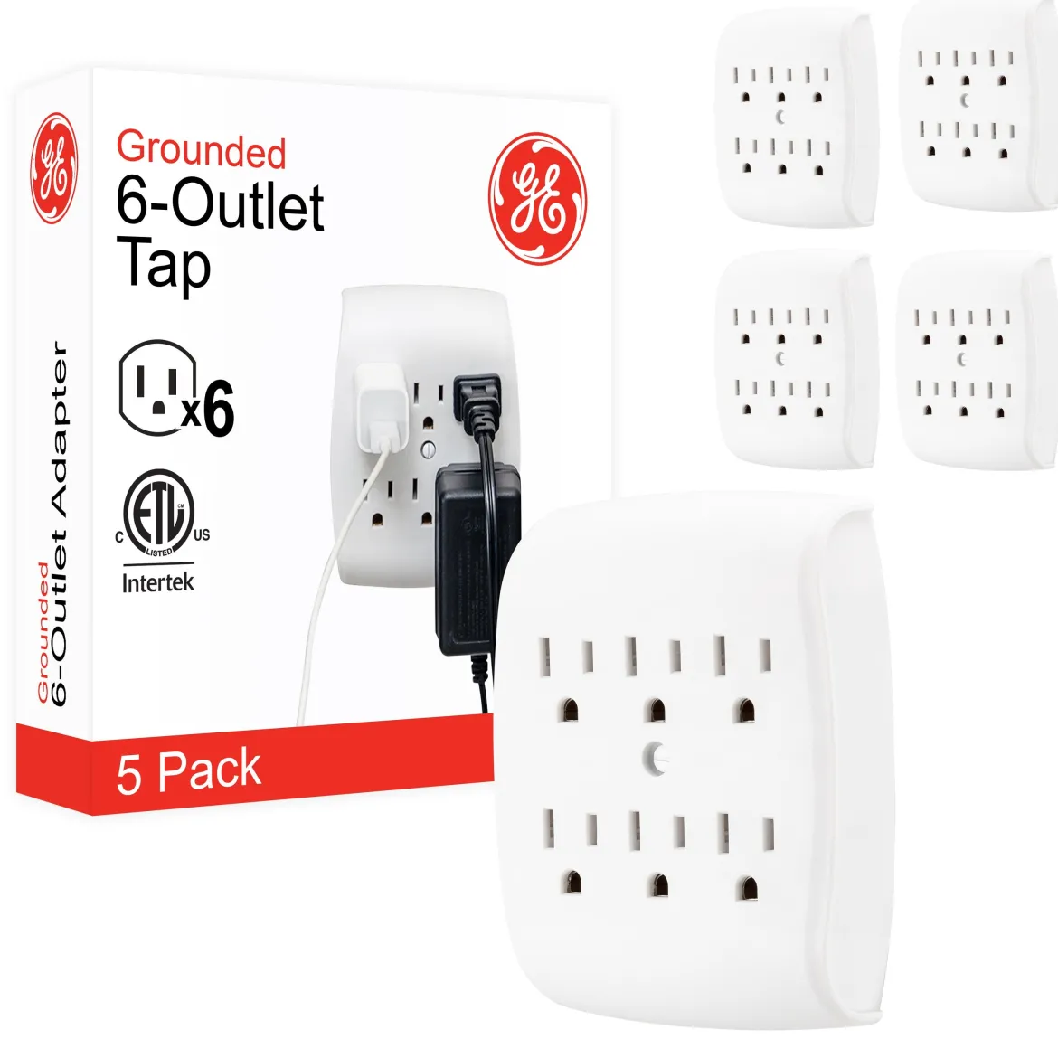 GE 6-Outlet Wall Tap, 5 Pack, White