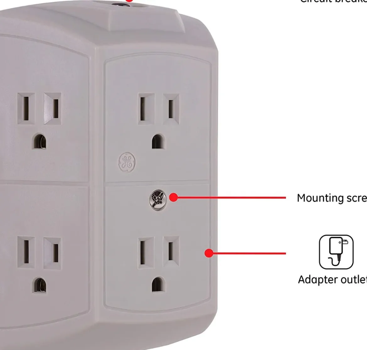 GE 6-Outlet Wall Tap with Resettable Circuit Breaker, 2 Pack, Gray