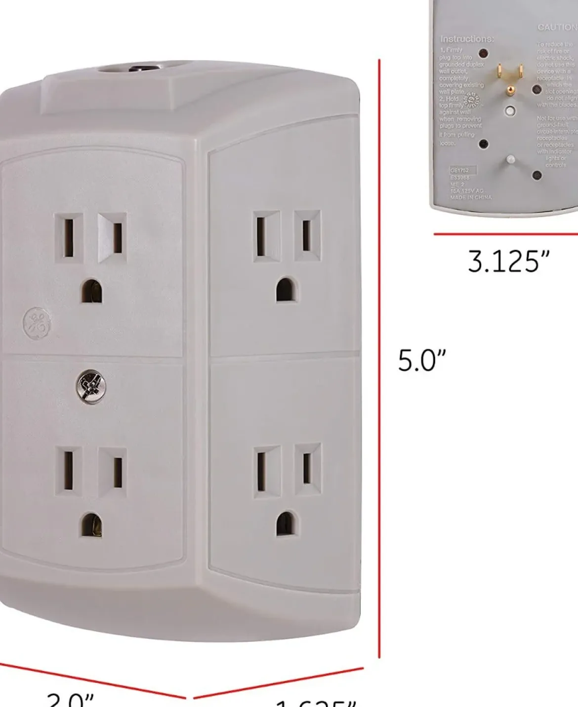GE 6-Outlet Wall Tap with Resettable Circuit Breaker, 2 Pack, Gray