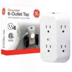 GE 6-Outlet Wall Tap with Resettable Circuit Breaker, White