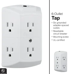 GE 6-Outlet Wall Tap with Resettable Circuit Breaker, White