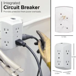 GE 6-Outlet Wall Tap with Resettable Circuit Breaker, White