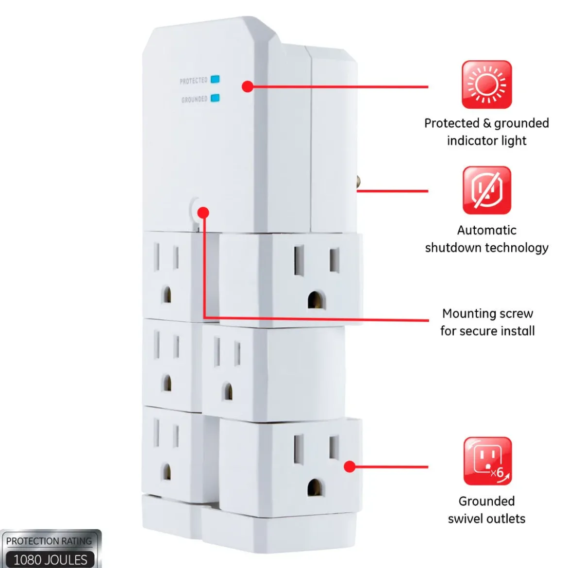 GE 6-Outlet Wall Tap with Surge Protection and Swivel Outlets, White