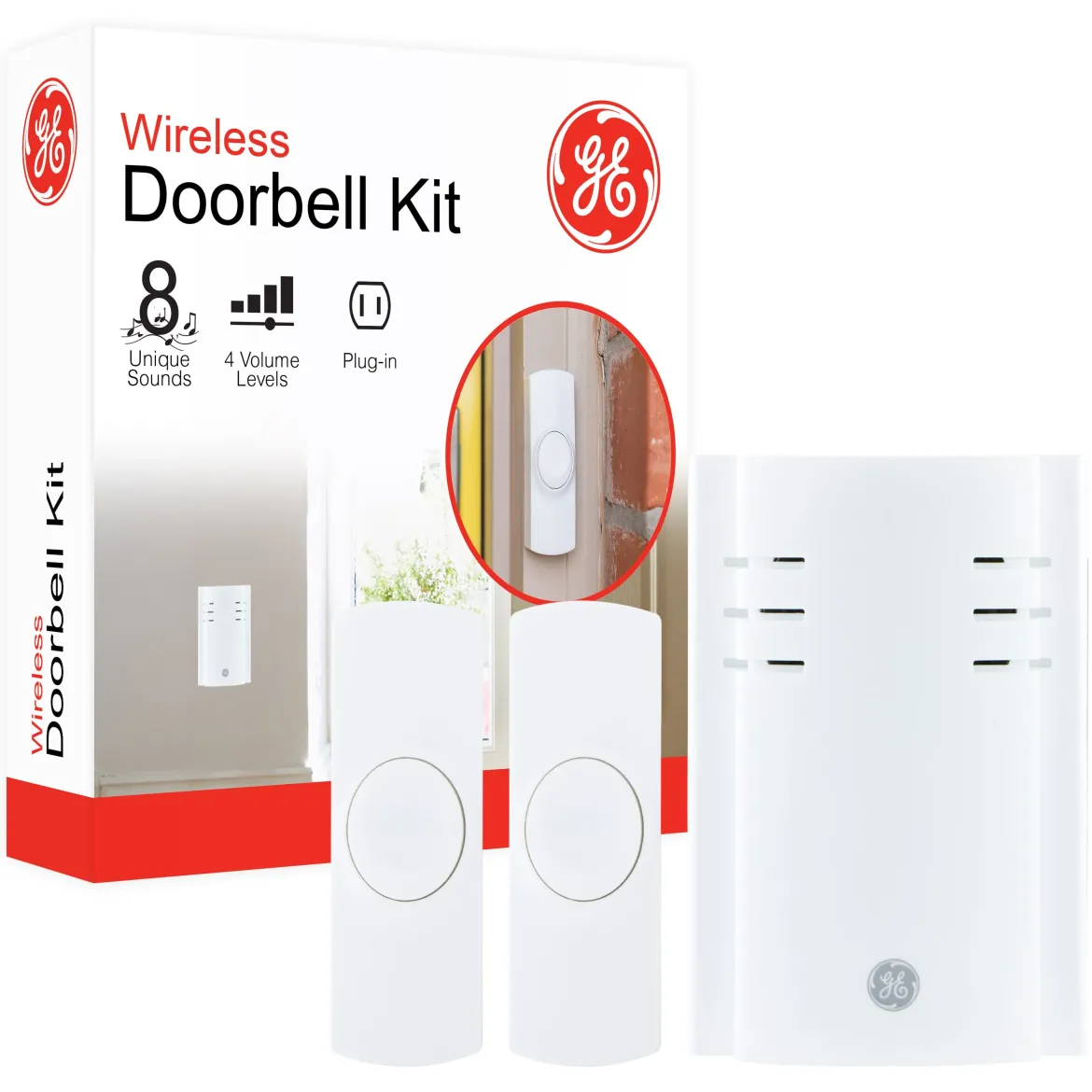 GE Plug-In 8-Chime Wireless Door Chime Kit with 2-Push Buttons, White