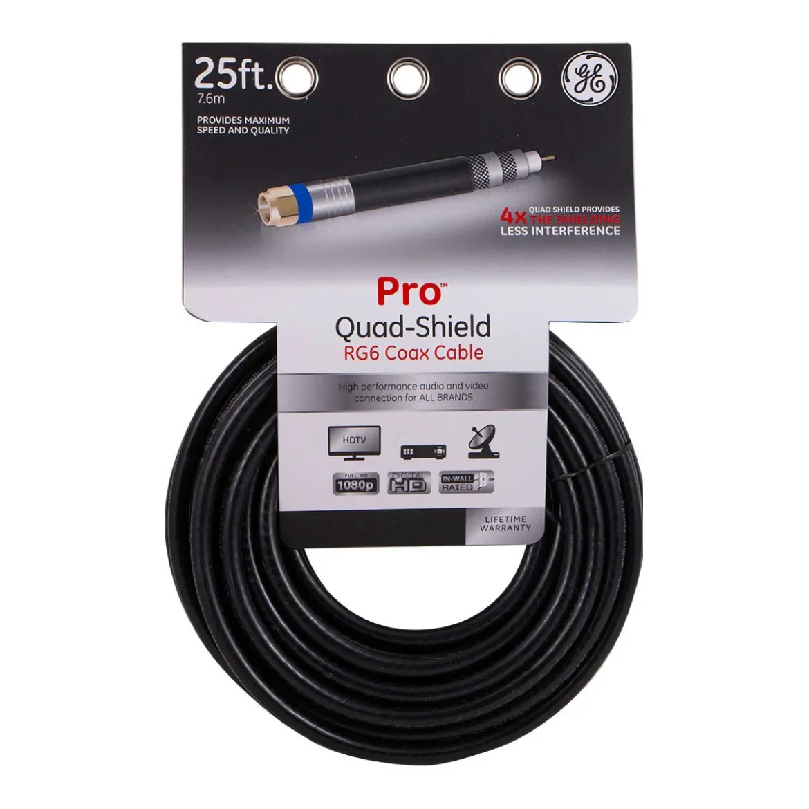 GE Pro 25ft. Quad-Shield RG6 Coaxial Cable, Black