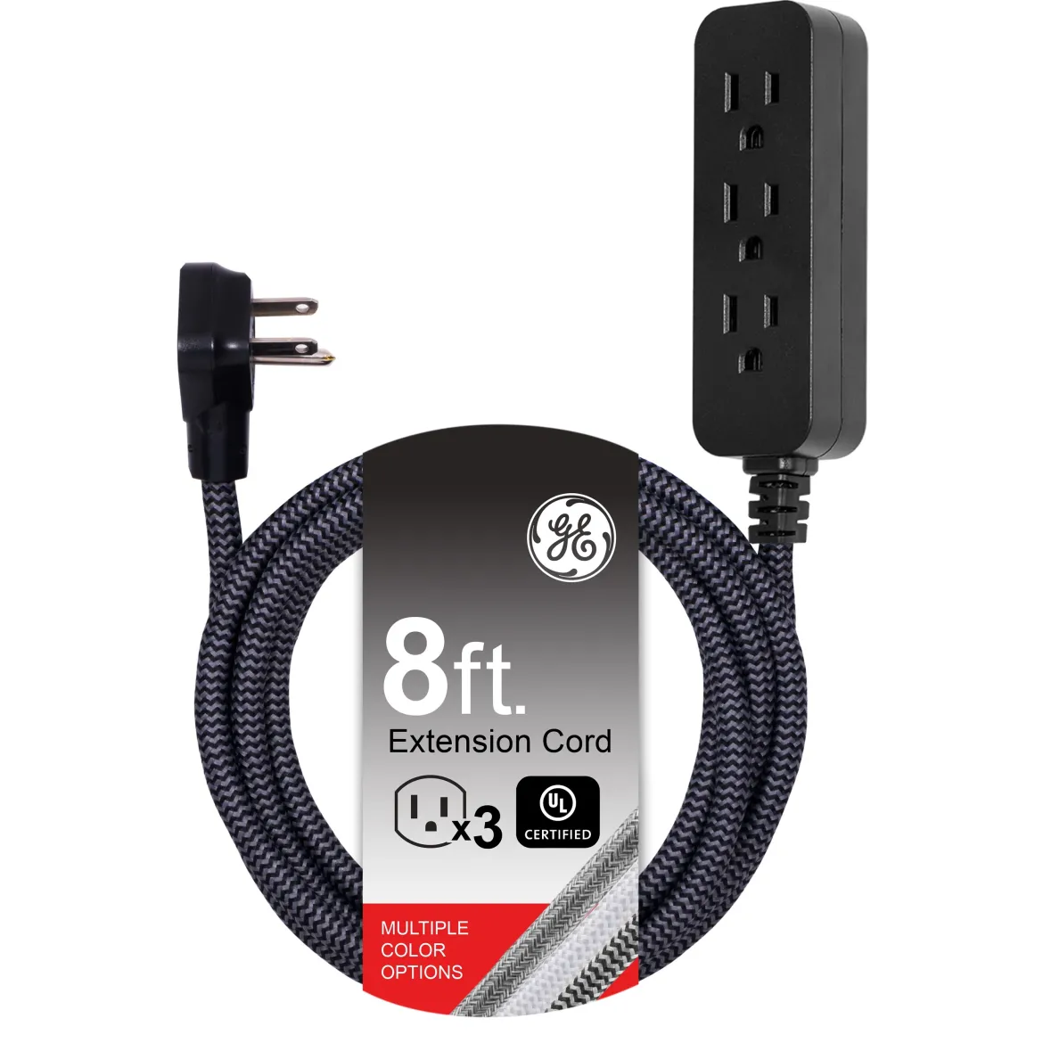 GE Pro 3-Outlet 8ft. Braided Extension Cord, Black