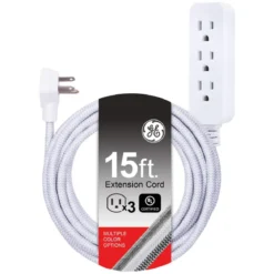 GE Pro 3-Outlet 15ft. Braided Extension Cord, Gray/White