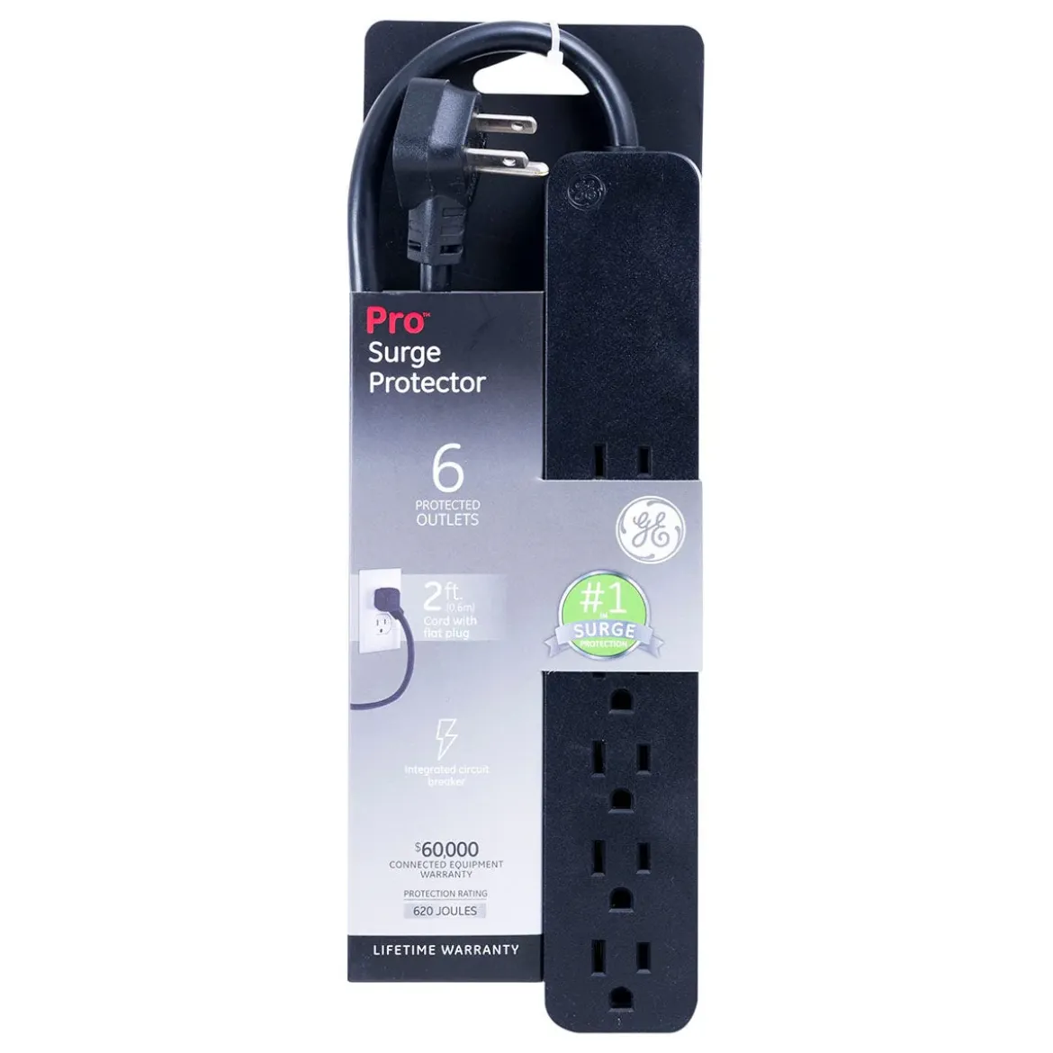 GE Pro 6-Outlet 2ft. Surge Protector, Black