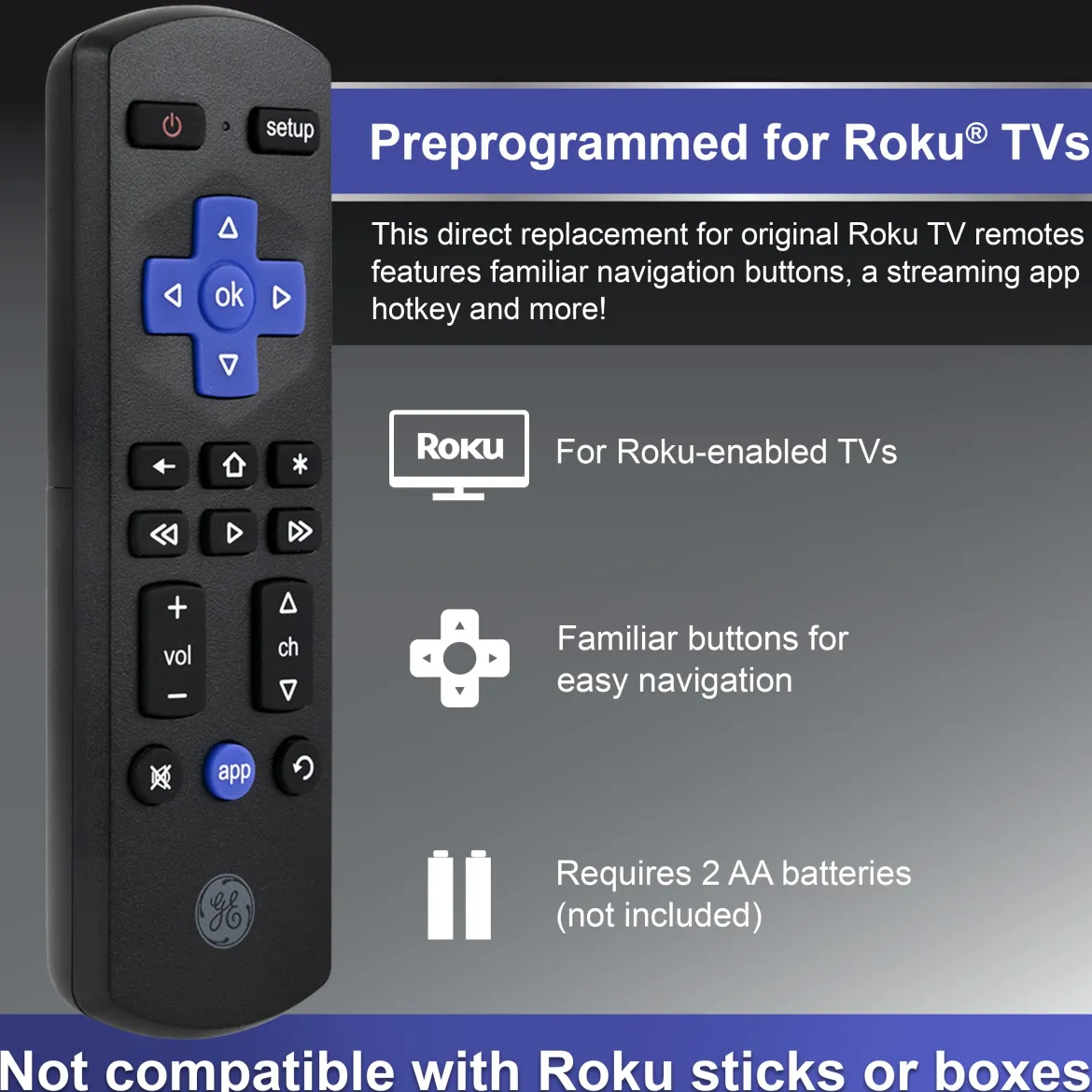 GE Roku TV Replacement Remote, Black