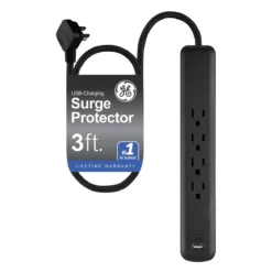 GE Surge Protector Power Strip, 4 Outlets, 1 USB-C & 1 USB-A Port (12W), 490J Protection, 3FT Braided Extension Cord, Flat Plug, Black